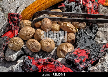 Patate e peperoni, mais, arrostite sulla brace;tradizionale cucina rurale Foto Stock