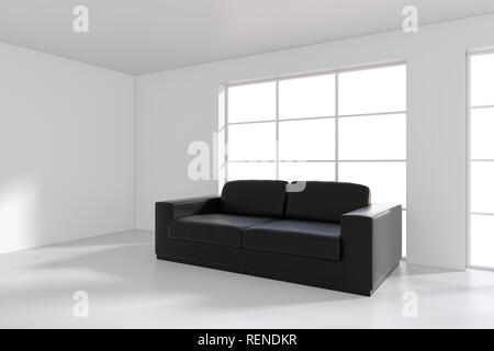 Vista frontale del divano in pelle nera sul muro grigio Sfondo. Il rendering 3D Foto Stock