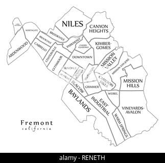 Città moderna mappa - Fremont California città degli Stati Uniti con i quartieri e i titoli mappa di contorno Illustrazione Vettoriale