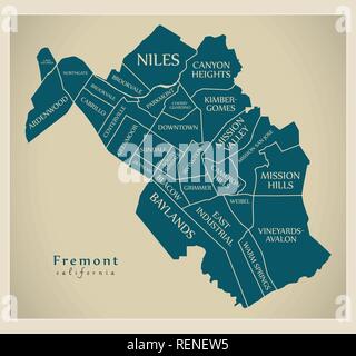 Città moderna mappa - Fremont California città degli Stati Uniti con i quartieri e titoli Illustrazione Vettoriale