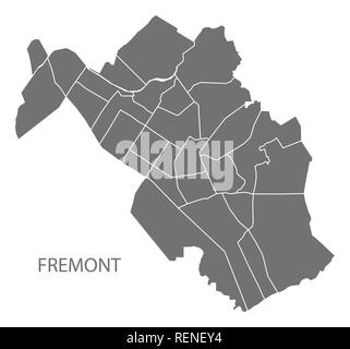 Fremont California mappa della città con i quartieri grigio illustrazione forma silhouette Illustrazione Vettoriale