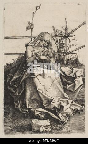 Madonna e Bambino su un banco erbosa. Artista: Albrecht Dürer (Tedesco, 1471-1528 Norimberga Norimberga). Dimensioni: piastra: 4 1/2 x 2 13/16 in. (11,5 x 7,1 cm) foglio: 7 5/8 x 5 1/16 in. (19,3 x 12,8 cm). Data: 1503. Museo: Metropolitan Museum of Art di New York, Stati Uniti d'America. Foto Stock