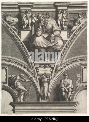 Il profeta Geremia, dalla serie di profeti e sibille nella Cappella Sistina. Artista: dopo Michelangelo Buonarroti (italiano, Caprese 1475-1564 Roma); Giorgio Ghisi (italiano, Mantova ca. 1520-1582 Mantova). Dimensioni: Foglio (rifilati): 22 1/4 in. × 17 a. (56,5 × 43,2 cm). Editore: Nicolaus Van Aelst (fiammingo, Bruxelles Roma 1526-1613). Data: 1570-75. Museo: Metropolitan Museum of Art di New York, Stati Uniti d'America. Foto Stock