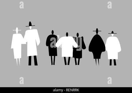 Bianco e nero astratti Persone sagome. Isolato su sfondo grigio chiaro. Ogni silhouette è separata e può essere utilizzato singolarmente. Il concetto Illustrazione Vettoriale