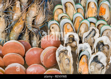 Gamberetti e diversi tipi di crostacei. Primo piano della cucina a base di pesce a un mercato a Bangkok, in Thailandia. Foto Stock