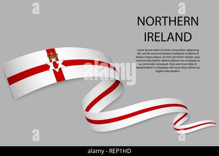 Sventolando in nastro o banner con bandiera dell'Irlanda del Nord. Modello per il giorno di indipendenza il design di poster Illustrazione Vettoriale