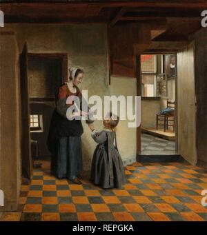 Una donna con un bambino in una dispensa. Dating: c. 1656 - c. 1660. Misurazioni: h 65 cm × W 60,5 cm. Museo: Rijksmuseum Amsterdam. Autore: Pieter De Hooch. Foto Stock