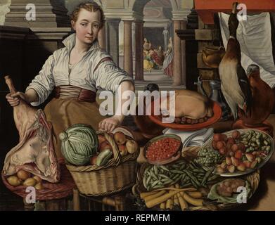 Cucina di scena, con Gesù nella casa di Marta e Maria in background. Dating: 1569. Misurazioni: h 110 cm × w 140,5 cm. Museo: Rijksmuseum Amsterdam. Autore: Joachim Bueckelaer (copia dopo). Foto Stock