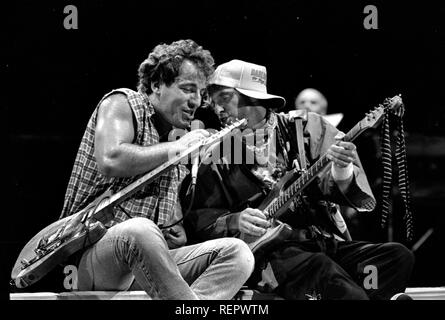 Bruce Springsteen e Nils Lofgren effettuando al Cotton Bowl di Dallas TX USA 1985 foto di bill belknap Foto Stock