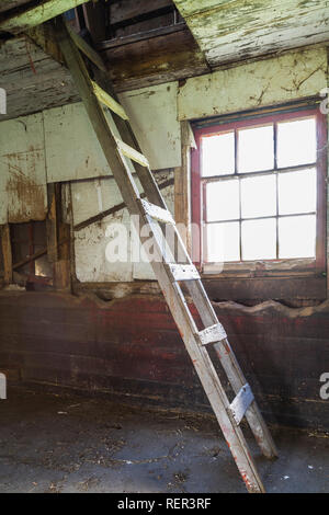 Vecchio grigio in legno realizzati a mano scaletta che porta alla soffitta all'interno di un vecchio fienile spiovente Foto Stock