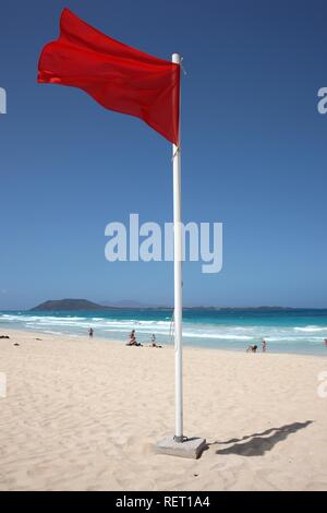 Bandiera rossa su una spiaggia per indicare che il nuoto è proibito, Playa de los Matos, vicino a Corralejo nel nord dell isola di Foto Stock