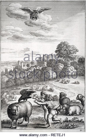 Il corvo e la pecora, uno di Esopo favole, attacco da incisore boemo Wenceslaus Hollar da 1600s Foto Stock