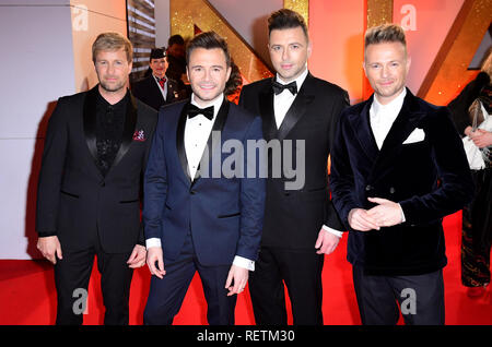 (Da sinistra a destra) Kian Egan, Shane Filan, Mark Mark e Nicky Byrne di Westlife frequentando il National Television Awards 2019 tenutasi presso l'O2 Arena, Londra. Foto Stock