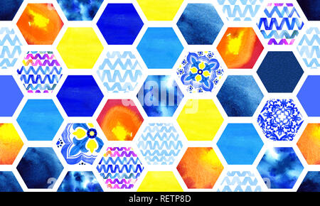 Abstract multicolore e acquerello blu dye seamless pattern. Foto Stock