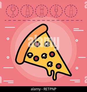 Trancio di pizza e bevande le relative icone su sfondo rosa, design colorato. illustrazione vettoriale Illustrazione Vettoriale