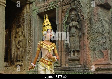 Ballerino di danza Apsara, Ta Som, Tempio di Angkor, Siem Reap, Cambogia Foto Stock