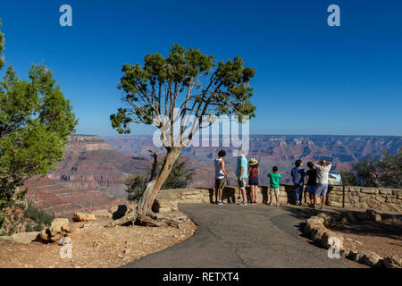 Un gruppo di visitatori al Grandview Point, South Rim, il Parco Nazionale del Grand Canyon, Arizona, Stati Uniti. Foto Stock