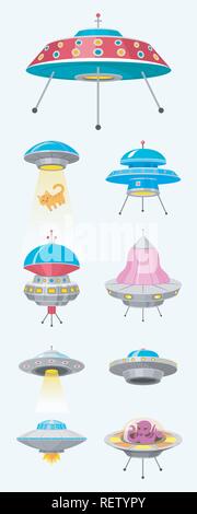 Astronavi aliene, Set di UFO Oggetto Volante non Identificato, fantastica di razzi, Cosmic navicelle spaziali in universo spazio. Illustrazione Vettoriale su sfondo bianco. Elementi della GUI, stile Cartoon, gioco piatto. Illustrazione Vettoriale