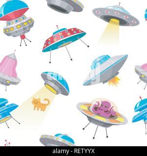 UFO Seamless pattern. Astronavi aliene, oggetto volante non identificato, fantastica di razzi, Cosmic navicelle spaziali in universo spazio. Illustrazione Vettoriale su sfondo bianco. Elementi della GUI, Cartoon gioco piatto. Illustrazione Vettoriale