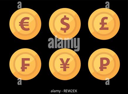 Set di golden mondo grandi simboli di valuta isolato sul colore nero scuro - Piatto illustrazione vettoriale progettazione di Exchange. Illustrazione Vettoriale