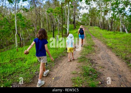 I bambini a piedi lungo una trazione a quattro ruote motrici via attraverso una foresta, Mia Mia la foresta di stato, Queensland, Australia Foto Stock