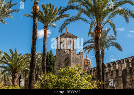 Dal di sotto del verde con palme bellissima medievale torre in pietra del palazzo di Alcazar contro il cielo blu in Corodoba, Andalusia, Spagna Foto Stock