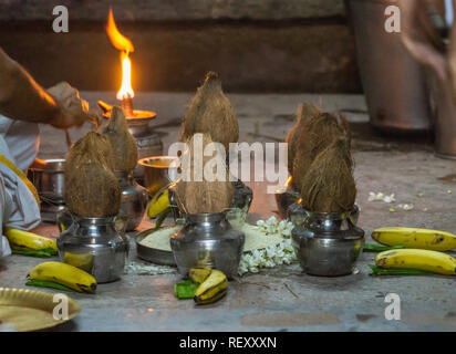 Belur, Karnataka, India - 2 Novembre 2013: Chennakeshava Tempio. Primo piano di piatti e tazze con noci di cocco e fiamme di lampada a olio e fiori per essere utilizzato Foto Stock