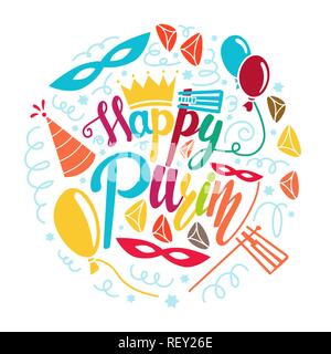 Purim biglietto di auguri in stile doodle con maschera di Carnevale, cappelli, corona, fanno rumore e hamantaschen. Colorata illustrazione vettoriale. Isolato su sfondo bianco Illustrazione Vettoriale