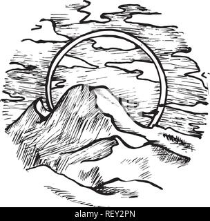 Modello con bella montagna, nuvole, sun. Tatuaggio psichedelici. Illustrazione Vettoriale