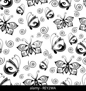 Farfalle astratto seamless pattern, in bianco e nero del disegno a mano, monocromatico delineare la stampa tessile, tessuto design, illustrazione vettoriale. W modellato Illustrazione Vettoriale