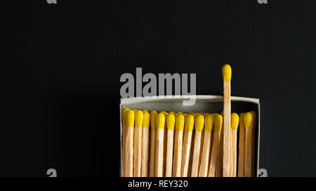 Partite con teste di giallo in un riquadro di sfondo scuro. La fotografia macro. Corrispondenze in aprire il match-box Foto Stock