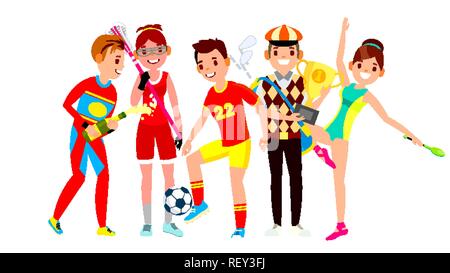 Atleta vettore Set. Uomo e donna. Lacrosse, calcio, golf, ginnastica. Gruppo di sportivi in uniforme, abbigliamento. Carattere sportivo in azione di gioco. Piatto illustrazione Cartoon Illustrazione Vettoriale