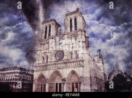 Notre Dame durante il forte temporale pioggia e illuminazione in Parigi. Immagini Creative. Foto Stock