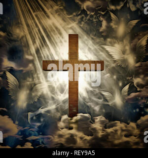 Croce in raggi di luce. Angeli mosche intorno Foto Stock
