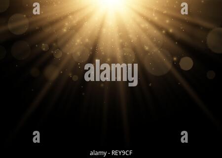 Oro elegante effetto luce isolata su uno sfondo nero. Raggi dorati. Luminosa esplosione. Flying golden polvere magica. La luce del sole. Luci di astratta bokeh di fondo. Illustrazione Vettoriale