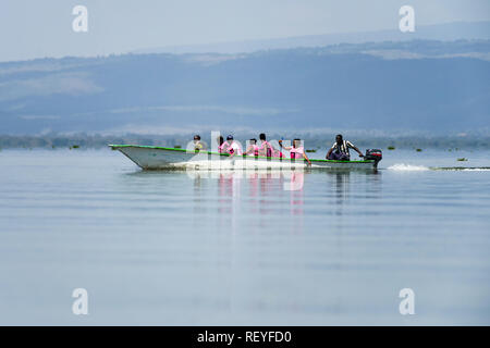 Un gruppo di uomini e di donne africane facendo un'escursione in un motoscafo in fibra di vetro sul lago Naivasha, Kenya Foto Stock