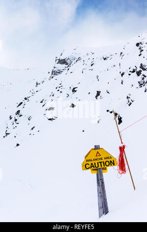 Area di valanghe pericolo cartello di avviso nella parte posteriore paese delle Montagne Rocciose Canadesi di Alberta, Canada. Foto Stock