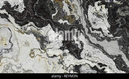 Marmo bianco e nero con motivo curly grigio e nero nelle vene. Abstract texture e background. 2D illustrazione Foto Stock