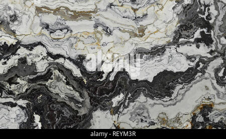 Marmo bianco e nero con motivo curly grigio e nero nelle vene. Abstract texture e background. 2D illustrazione Foto Stock