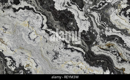 Marmo bianco e nero con motivo curly grigio e nero nelle vene. Abstract texture e background. 2D illustrazione Foto Stock