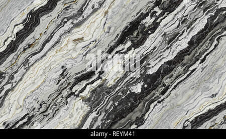 Marmo bianco e nero con motivo curly grigio e nero nelle vene. Abstract texture e background. 2D illustrazione Foto Stock