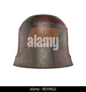 Elmetto tedesco Stahlhelm M1916 della I Guerra Mondiale, utilizzate le truppe tedesche WW1. Vista posteriore e Colori di mimetizzazione. Autentica attrezzatura soldato. 3D render illustrat Foto Stock