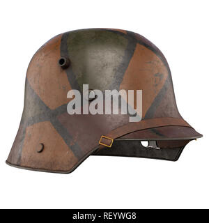 Elmetto tedesco Stahlhelm M1916 della I Guerra Mondiale, utilizzate le truppe tedesche WW1. Vista prospettica e Colori di mimetizzazione. Autentica attrezzatura soldato. 3D render il Foto Stock