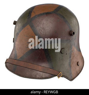 Elmetto tedesco Stahlhelm M1916 della I Guerra Mondiale, utilizzate le truppe tedesche WW1. Vista prospettica e Colori di mimetizzazione. Autentica attrezzatura soldato. 3D render il Foto Stock