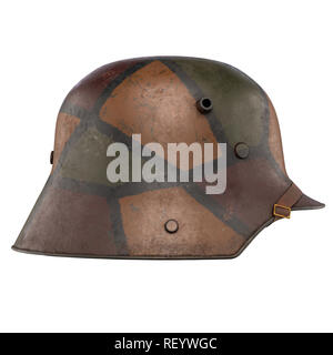 Elmetto tedesco Stahlhelm M1916 della I Guerra Mondiale, utilizzate le truppe tedesche WW1. Vista laterale e Colori di mimetizzazione. Autentica attrezzatura soldato. 3D render illustrat Foto Stock