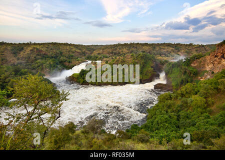 Murchison Falls è un famoso punto di riferimento per la quale Murshison Falls National Park in Uganda è denominato. Il Fiume Nilo scorre attraverso un interstizio solo 7 m di larghezza Foto Stock