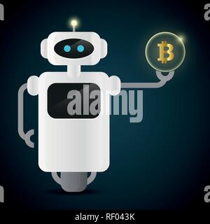 Simpatico robot tenendo un bitcoin in sua mano illustrazione vettoriale EPS10 Illustrazione Vettoriale