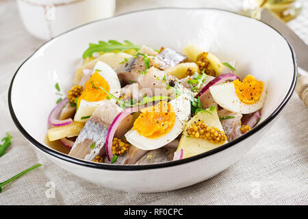 Tradizionale insalata di aringhe salate filetto, mele fresche, cipolla rossa e uova. Cibo Kosher. Cucina scandinava. Foto Stock