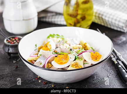 Tradizionale insalata di aringhe salate filetto, mele fresche, cipolla rossa e uova. Cibo Kosher. Cucina scandinava. Foto Stock