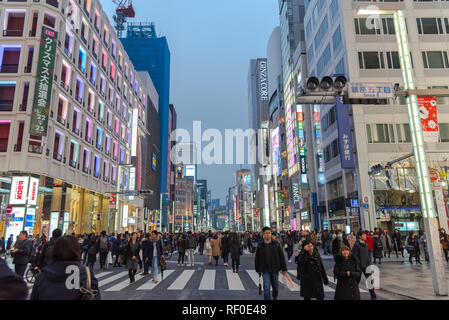 Vista notturna del quartiere di Ginza, il distretto ha un marchio famoso flagship store di tutto il mondo, offre alta fine shopping al dettaglio. Foto Stock